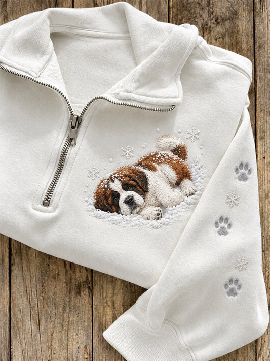 Women's Snowy Winter Saint Bernard Dog in the Snow Print Zip Up Sweatshirt
