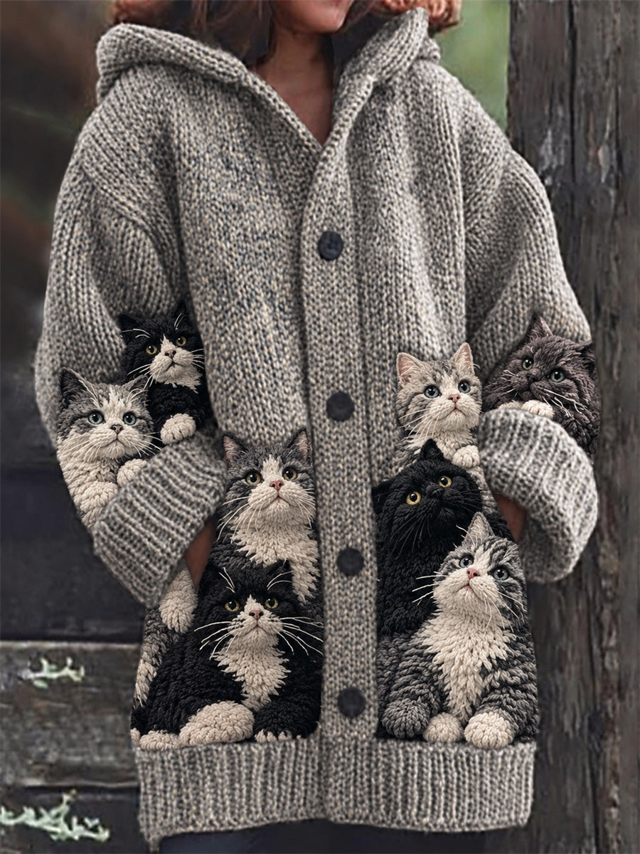 Women's Vintage Crowded Tabby & Cow Cats Print Composite Fleece Long Coat