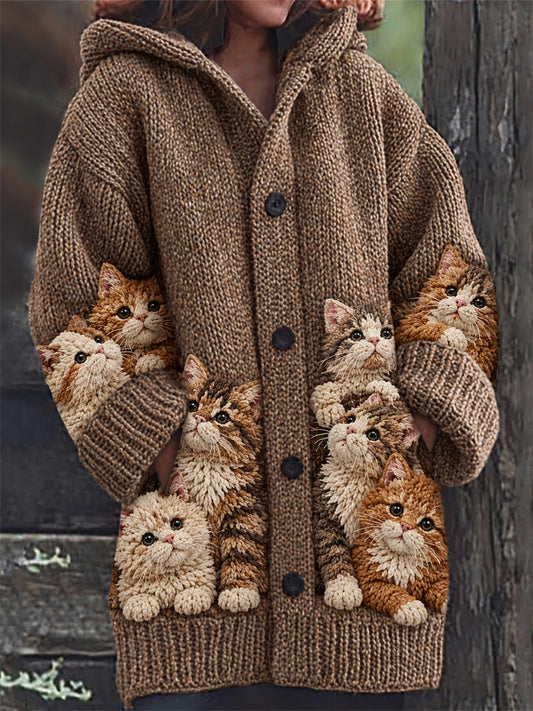 Women's Vintage Crowded Ginger & Tabby Cats Print Composite Fleece Long Coat