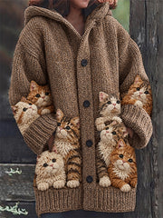 Women's Vintage Crowded Ginger & Tabby Cats Print Composite Fleece Long Coat