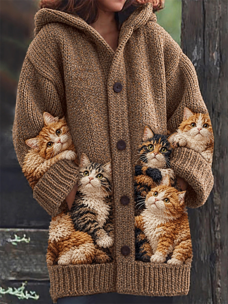 Women's Vintage Crowded Ginger & Tabby Cats Print Composite Fleece Long Coat