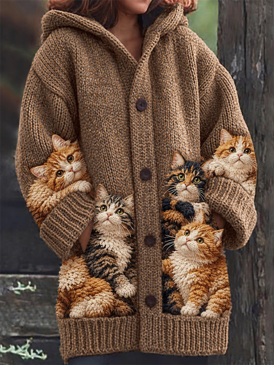 Women's Vintage Crowded Ginger & Tabby Cats Print Composite Fleece Long Coat