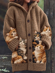 Women's Vintage Crowded Ginger & Tabby Cats Print Composite Fleece Long Coat