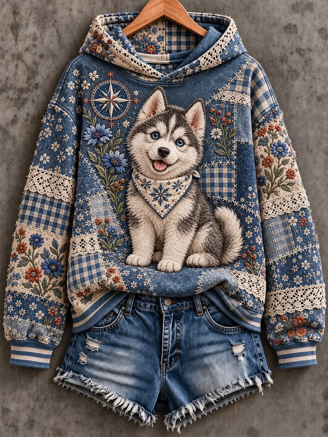 Women's Dog Floral Patchwork Printed Hoodie