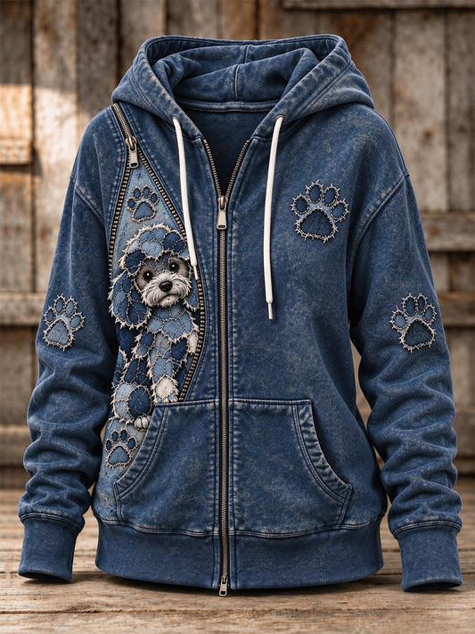 Women's Peeking Poodle Dog & Paw Prints Zipper Patchwork Print Full Zip Hoodie
