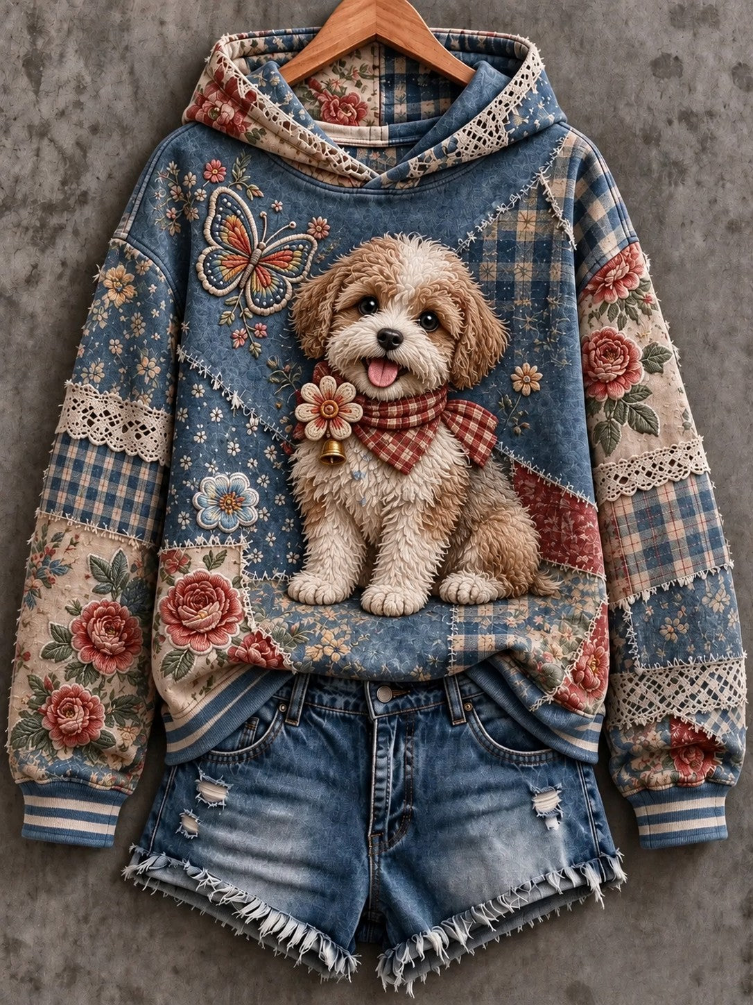 Women's Dog Floral Patchwork Printed Hoodie