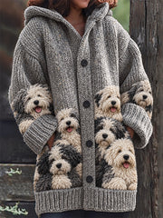 Women's Vintage Crowded Old English Sheepdogs Print Composite Fleece Long Coat