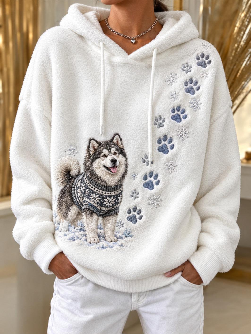 Women's Winter Alaskan Malamute Pattern Causal Flannel Hoodie