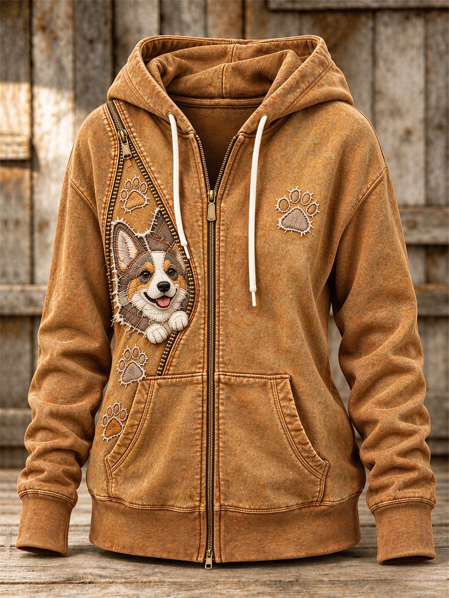 Women's Peeking Corgi Dog & Paw Prints Zipper Patchwork Print Full Zip Hoodie