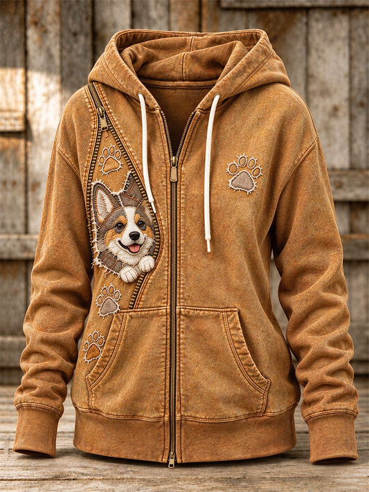 Women's Peeking Corgi Dog & Paw Prints Zipper Patchwork Print Full Zip Hoodie