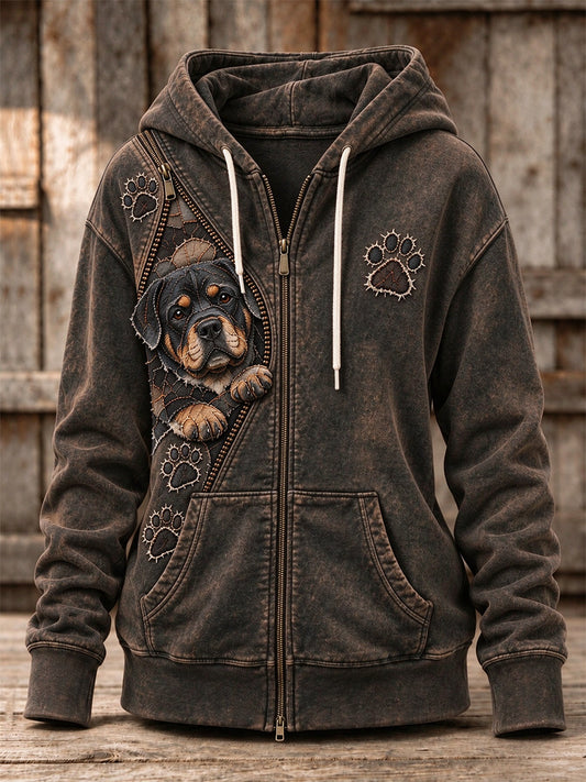 Women's Peeking Rottweiler Dog & Paw Prints Zipper Patchwork Print Full Zip Hoodie