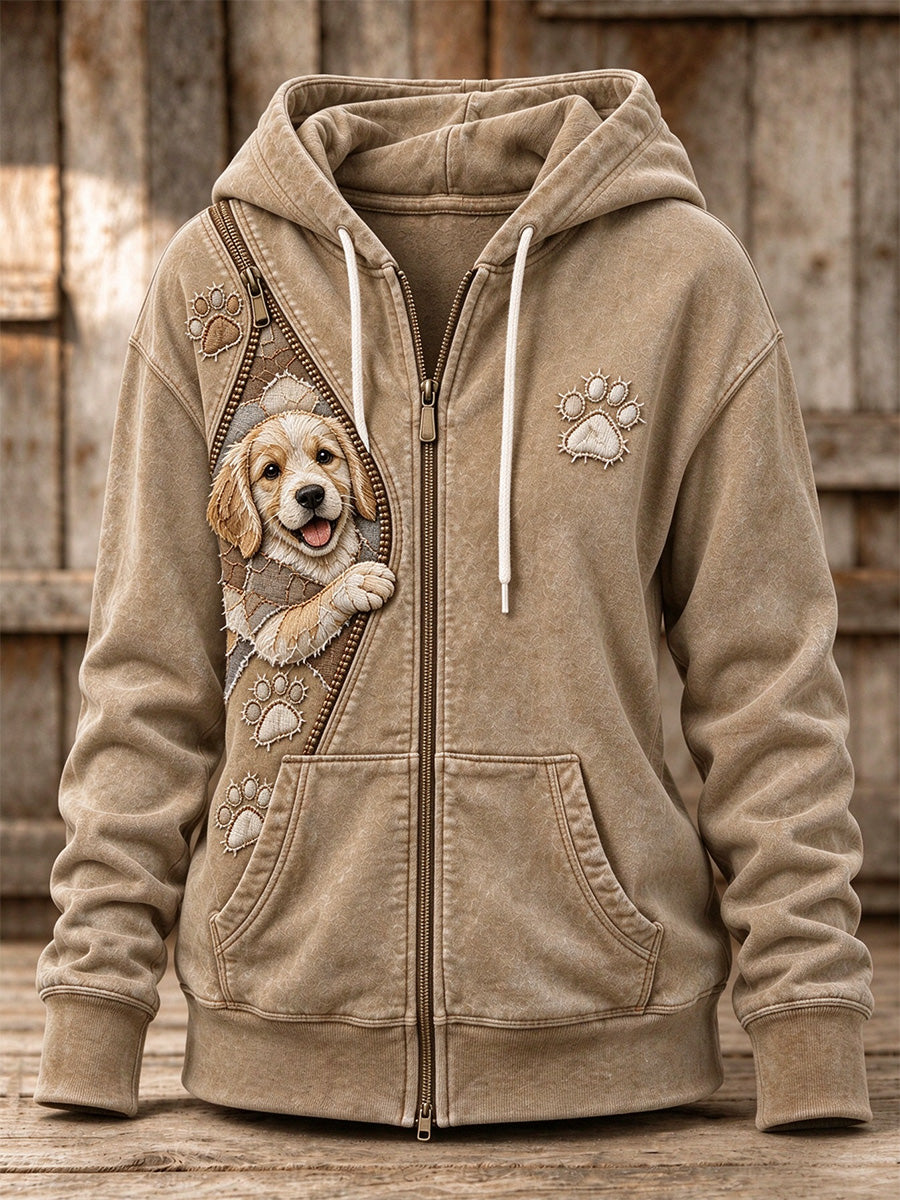 Women's Peeking Golden Retriever Dog & Paw Prints Zipper Patchwork Print Full Zip Hoodie