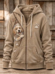 Women's Peeking Golden Retriever Dog & Paw Prints Zipper Patchwork Print Full Zip Hoodie