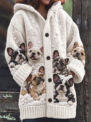Women's Snowy Winter Crowded French Bulldogs Print Composite Fleece Long Coat