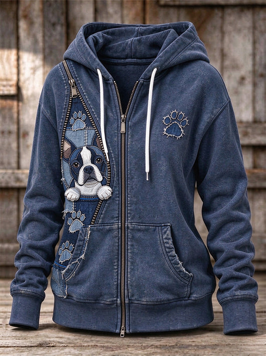 Women's Peeking Boston Terrier Dog & Paw Prints Zipper Patchwork Print Full Zip Hoodie
