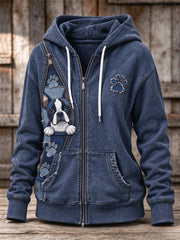 Women's Peeking Boston Terrier Dog & Paw Prints Zipper Patchwork Print Full Zip Hoodie