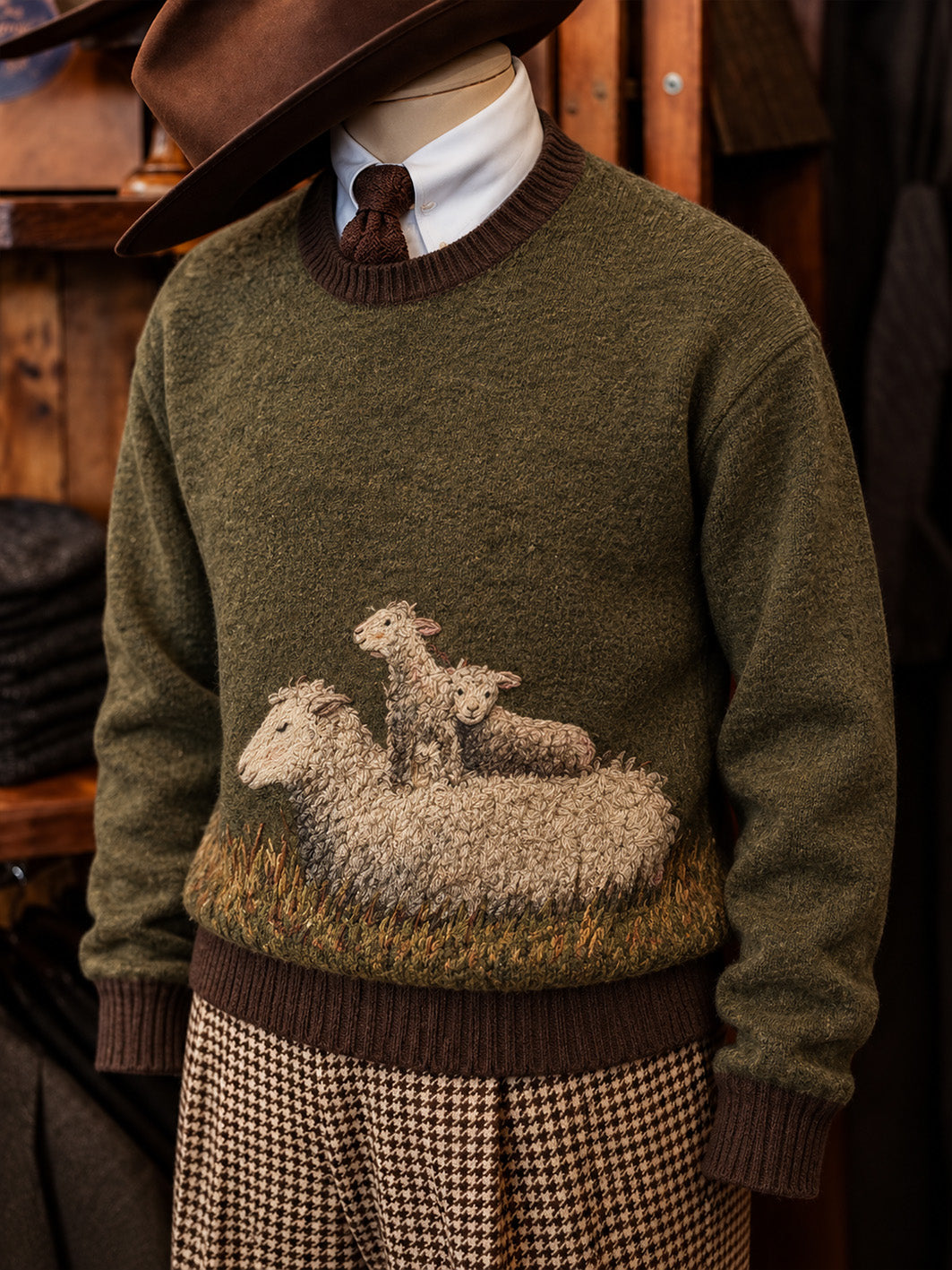 Men's Retro Farm Sheep Pattern Colorful Checkered Design Casual Imitation Sweater