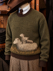 Men's Retro Farm Sheep Pattern Colorful Checkered Design Casual Imitation Sweater