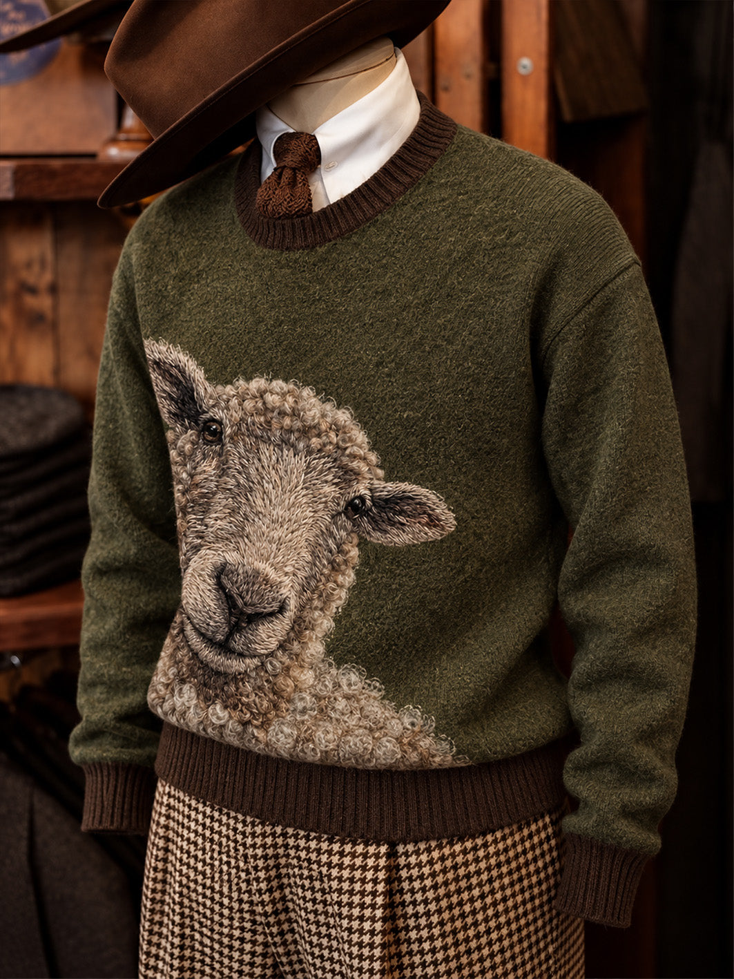 Men's Retro Farm Sheep Pattern Colorful Checkered Design Casual Imitation Sweater