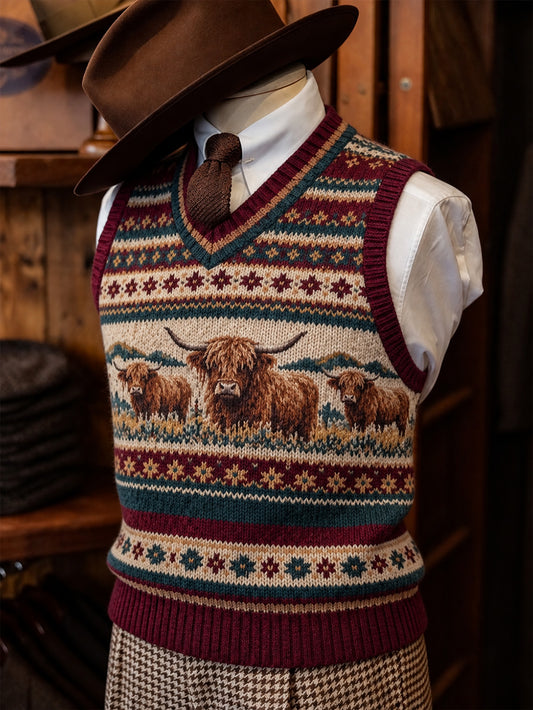 Men's Retro Farm Highland Cow Pattern Colorful Checkered Design Casual Vest
