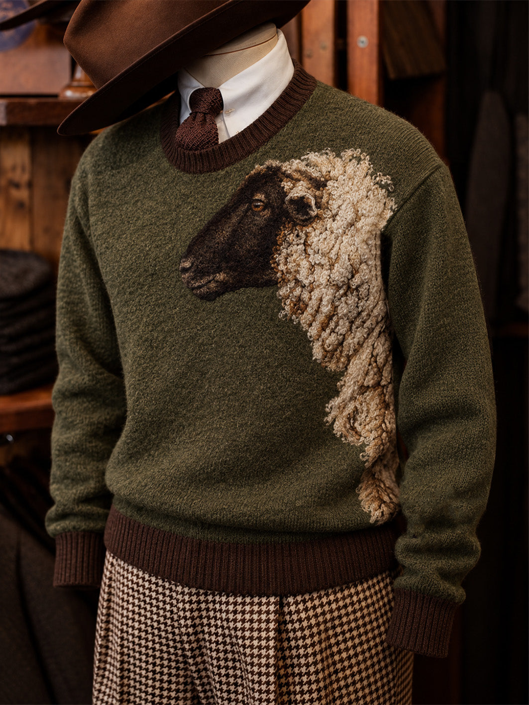 Men's Retro Farm Sheep Pattern Colorful Checkered Design Casual Imitation Sweater