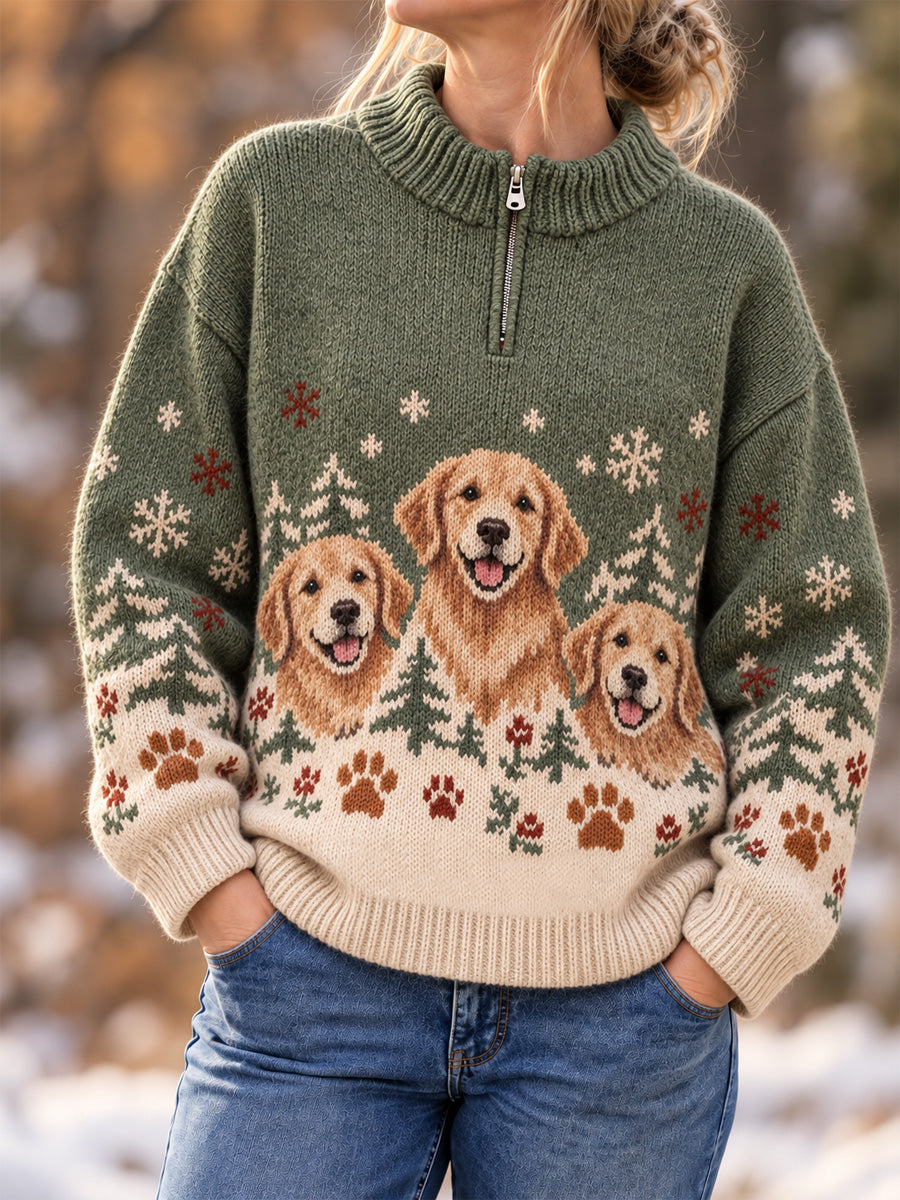 Women's Cute Dogs In Autumn And Winter Print Casual Zipper Pullover