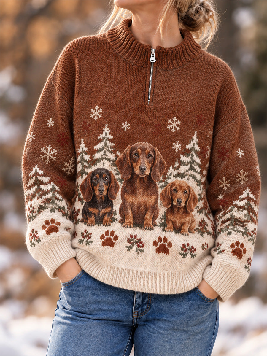 Women's Cute Dogs In Autumn And Winter Print Casual Zipper Pullover