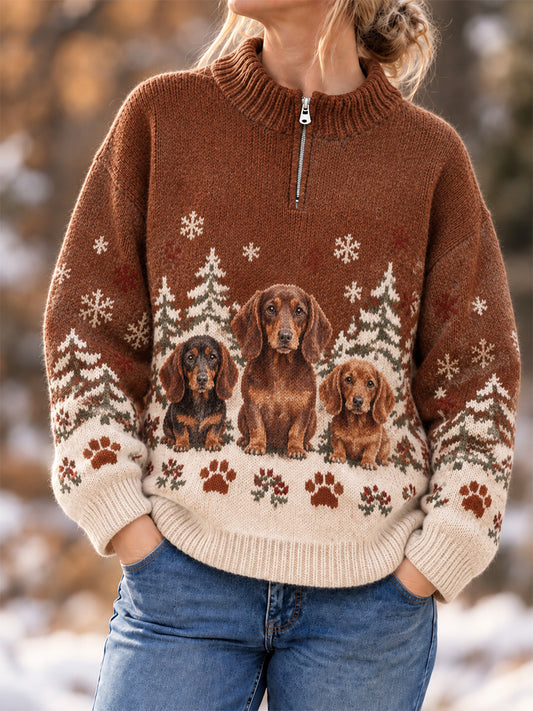 Women's Cute Dogs In Autumn And Winter Print Casual Zipper Pullover