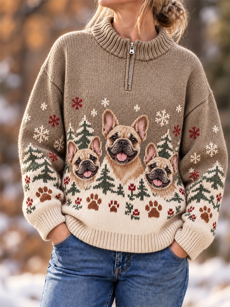 Women's Cute Dogs In Autumn And Winter Print Casual Zipper Pullover