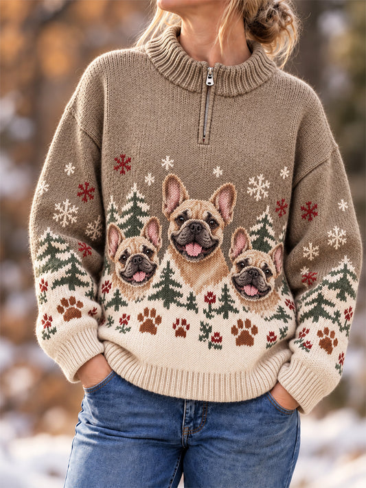 Women's Cute Dogs In Autumn And Winter Print Casual Zipper Pullover
