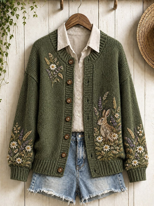 Women's Vintage Forest Bunny Floral Print Cardigan-Style Knit Jacket