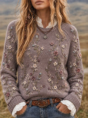 Women's Vintage Floral Vines Print crew neck sweater