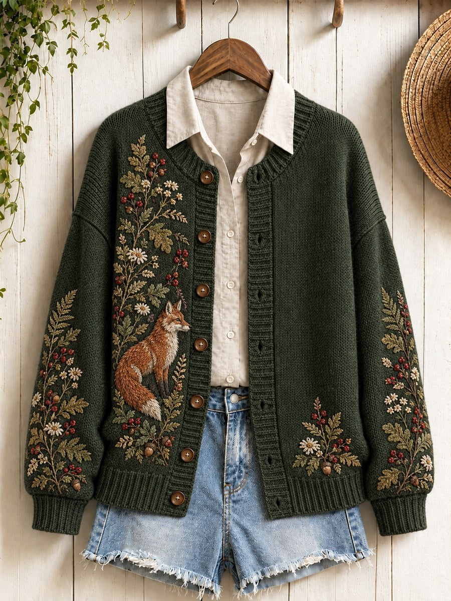 Women's Vintage Forest Bunny Fox Print Cardigan-Style Knit Jacket
