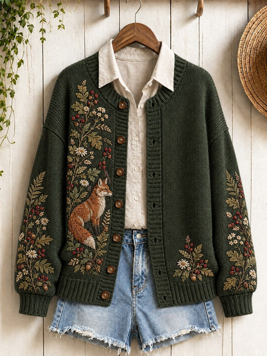Women's Vintage Forest Bunny Fox Print Cardigan-Style Knit Jacket