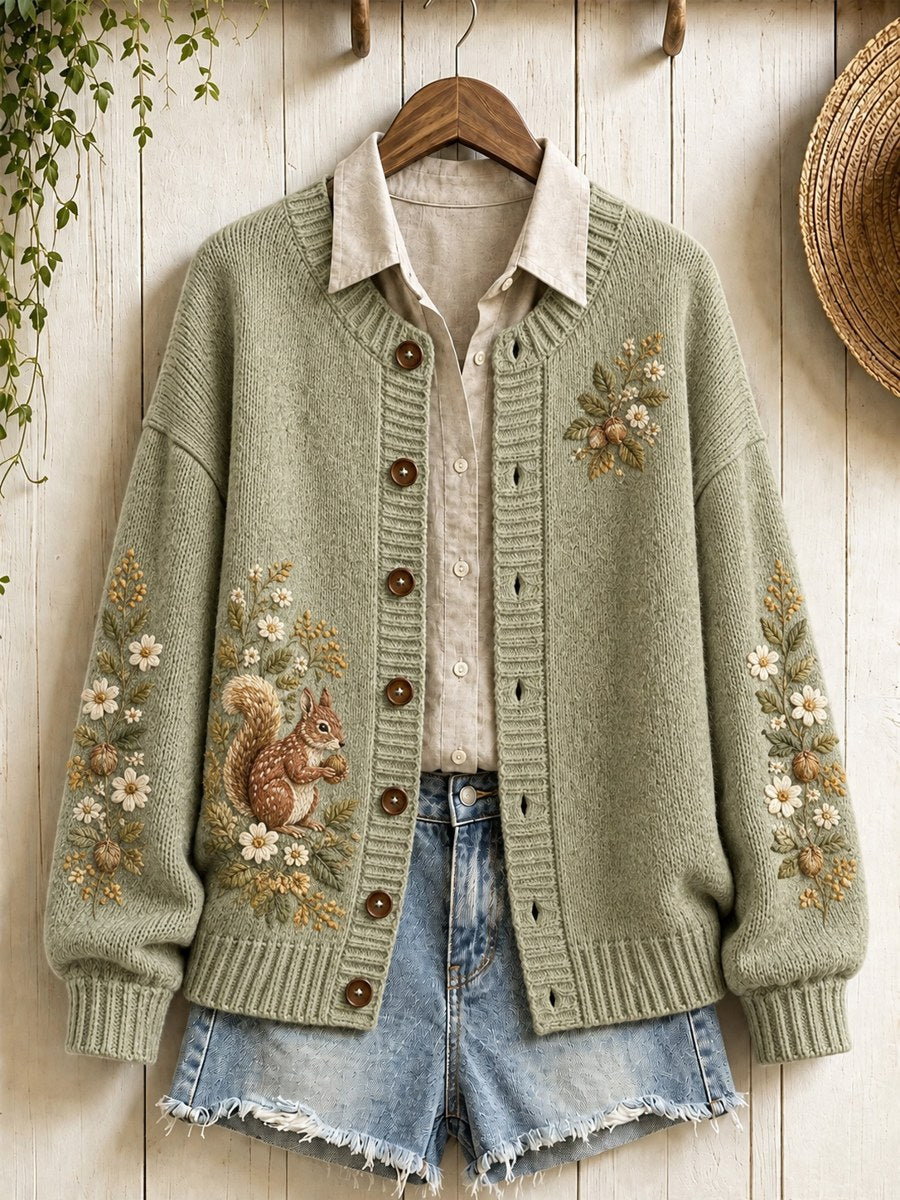 Women's Vintage Forest Squirrel Floral Print Cardigan-Style Knit Jacket