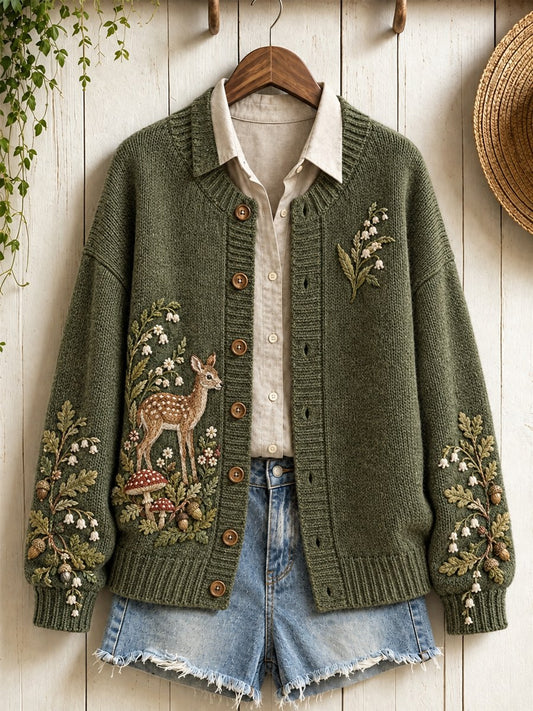 Women's Vintage Forest Deer Floral Print Cardigan-Style Knit Jacket