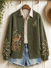 Women's Vintage Forest Deer Floral Print Cardigan-Style Knit Jacket