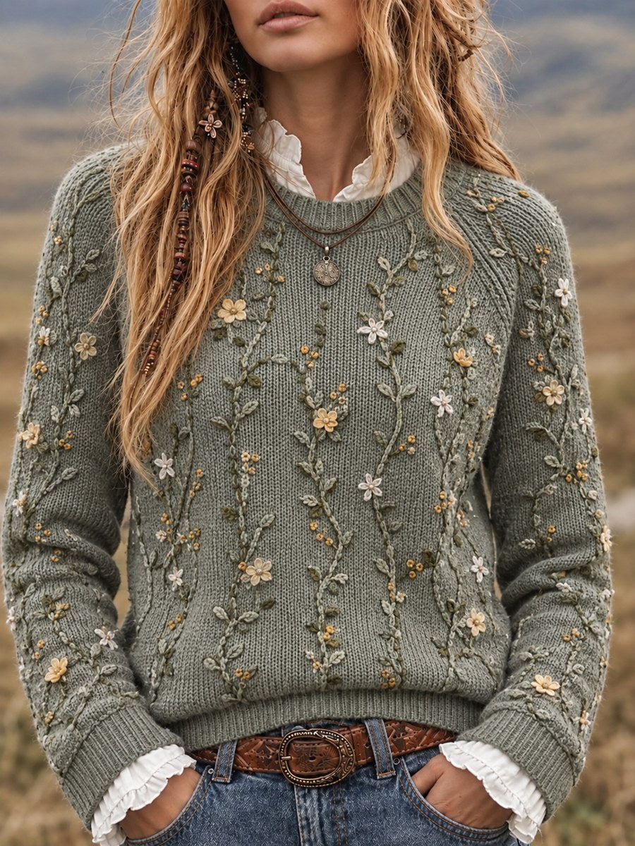 Women's Vintage Floral Vines Print crew neck sweater