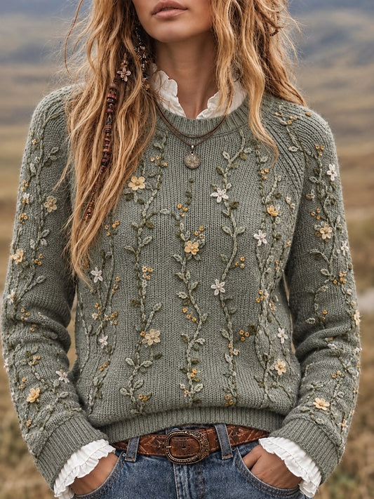 Women's Vintage Floral Vines Print crew neck sweater