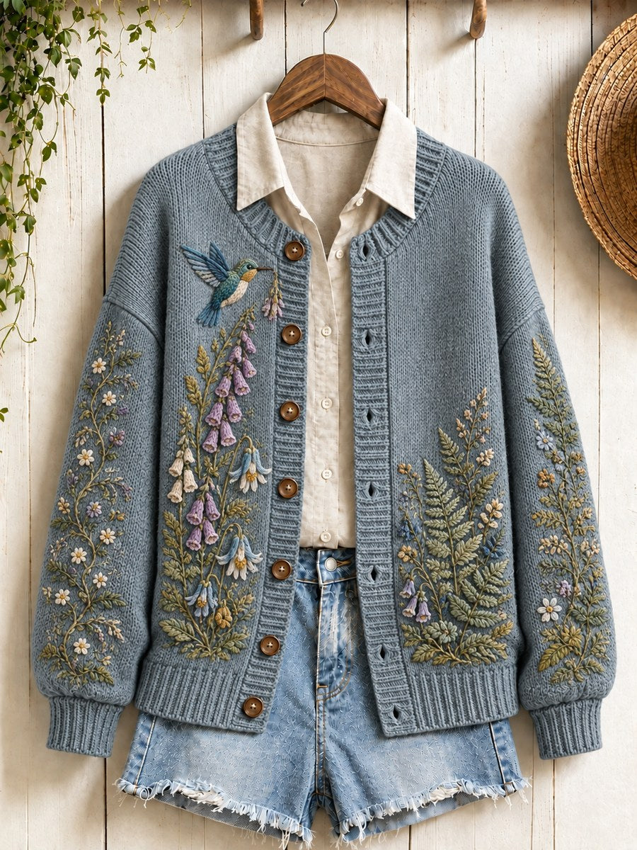 Women's Vintage Forest Humming Bird Floral Print Cardigan-Style Knit Jacket