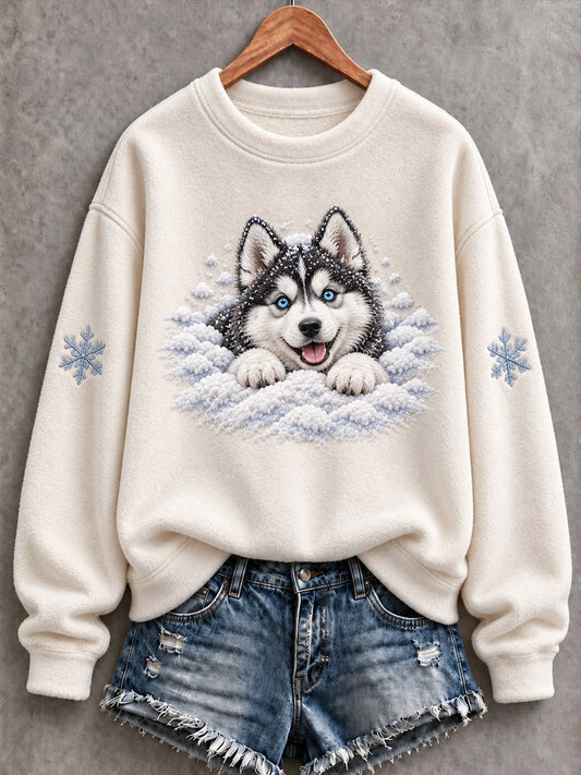 Women's Snowy Winter Husky Dog In the Snow Print Flannel Sweatshirt