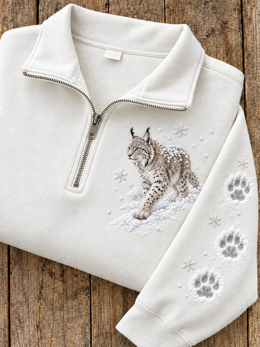 Women's Snowy Winter Lynx in the Snow Print Zip Up Sweatshirt