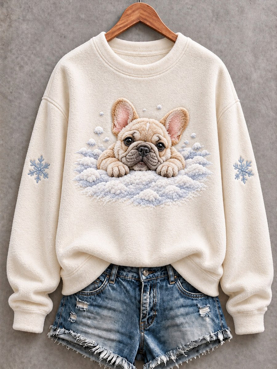 Women's Snowy Winter French Bulldog In the Snow Print Flannel Sweatshirt