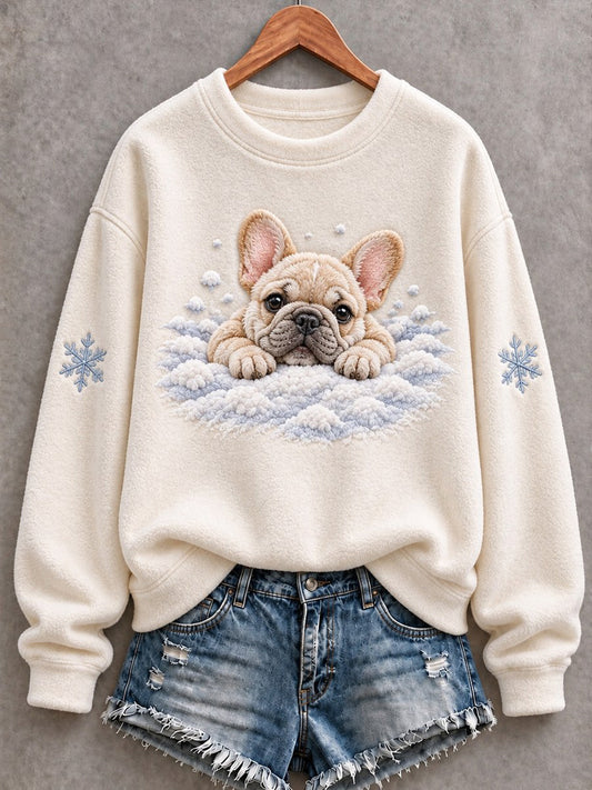 Women's Snowy Winter French Bulldog In the Snow Print Flannel Sweatshirt