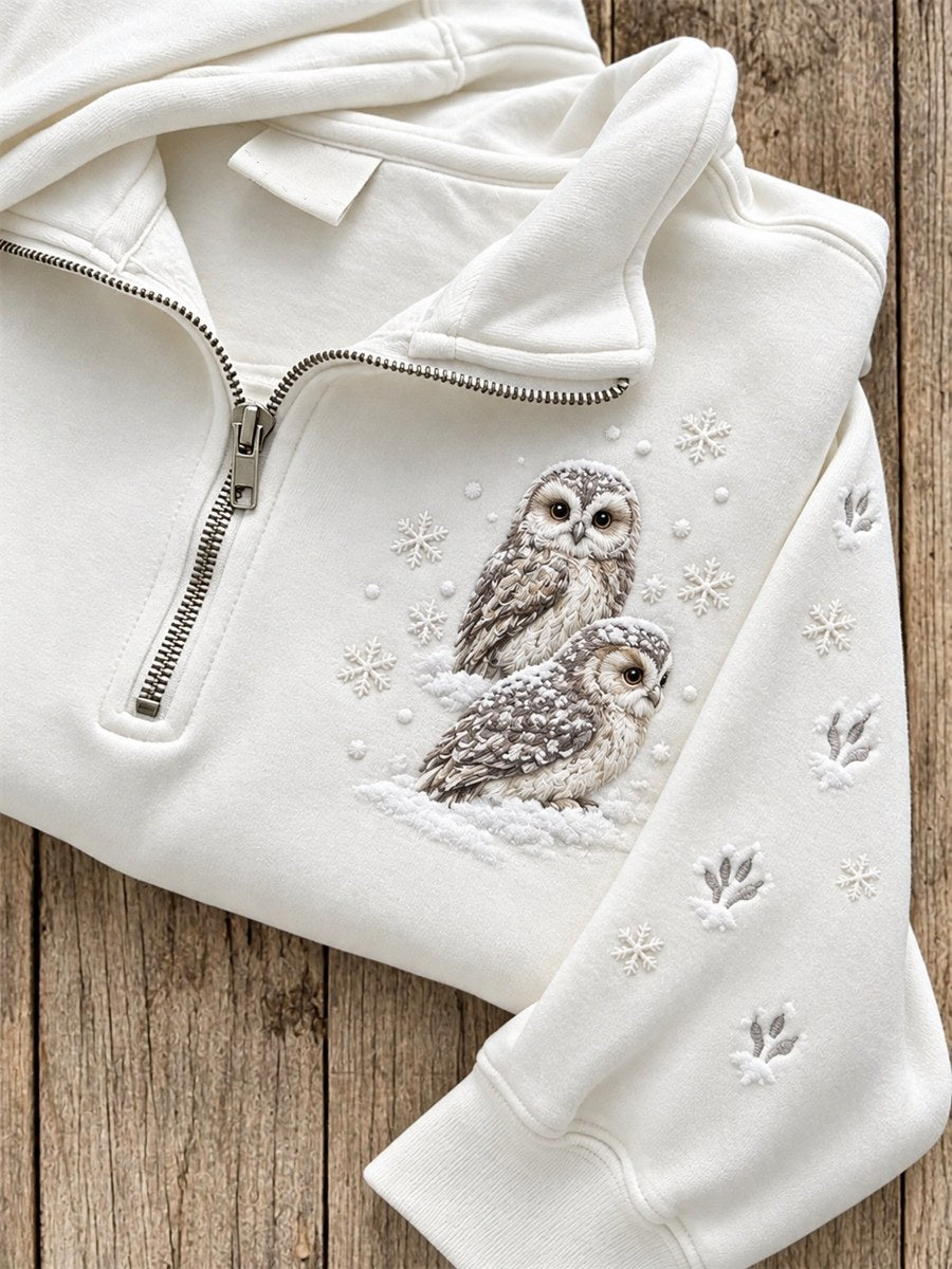 Women's Snowy Winter Owls in the Snow Print Zip Up Sweatshirt