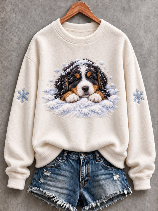Women's Snowy Winter Bernese Mountain Dog In the Snow Print Flannel Sweatshirt
