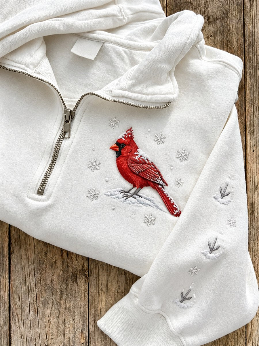 Women's Snowy Winter Red Cardinal Bird in the Snow Print Zip Up Sweatshirt