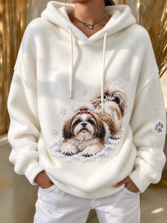 Women's Winter Shih Tzu Pattern Causal Flannel Hoodie