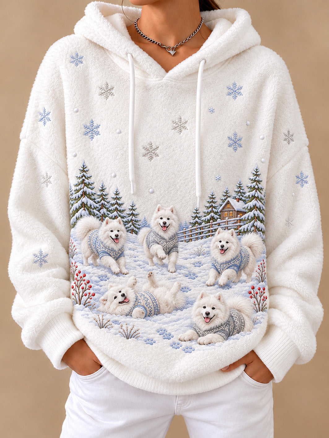 Women's Winter Samoyeds Pattern Causal Flannel Hoodie