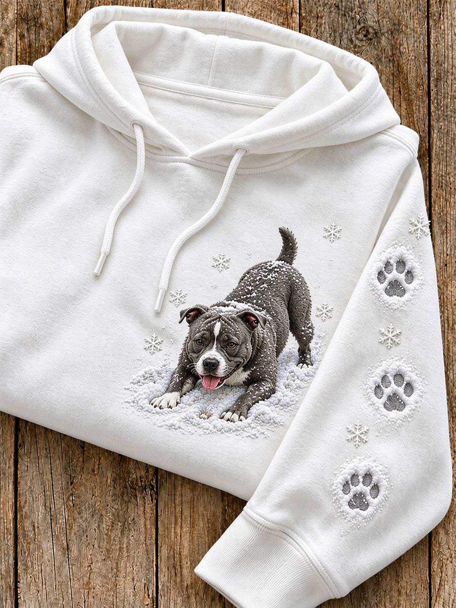 Women's Snowy Winter AmStaff Dog In the Snow Print Hoodie